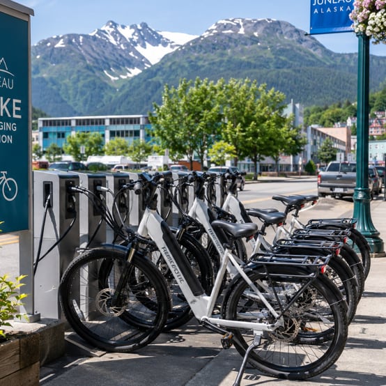 E-Bikes connected to charging station